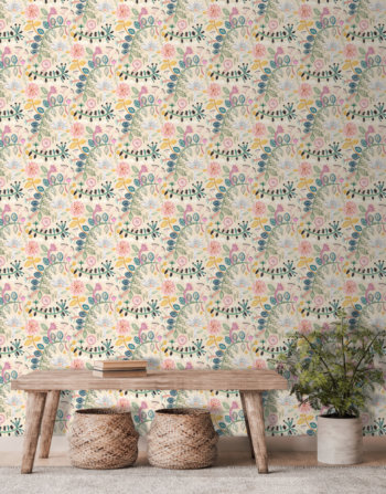 Wallpaper designed by Lucy Tiffney, Palm, Lagoon, Mr Bear, Allium tropical